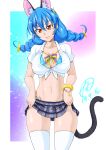  1girl animal_ears bikini bikini_under_clothes breasts cat_ears cat_girl cat_tail cure_cosmo highres large_breasts light_blue_hair looking_at_viewer navel orange_hair precure school_uniform solo star_twinkle_precure swimsuit tail tamo_(nama-yatsuhashi) thighhighs white_background yuni_(precure) 