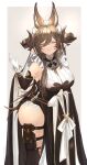  1girl absurdres animal_ears ass bangs bare_shoulders breasts brown_hair brown_legwear closed_eyes closed_mouth cowboy_shot detached_sleeves earrings extra_ears eyebrows_visible_through_hair fox_ears frills galleon_(granblue_fantasy) gloves granblue_fantasy hair_between_eyes highres horns jewelry large_breasts long_hair maid maid_headdress multicolored_hair nakonbu pointy_ears sidelocks skindentation smile solo standing streaked_hair thigh_strap thighhighs twitter_username very_long_hair white_gloves 
