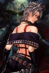  1girl bare_shoulders black_gloves choker cowboy_shot earrings elbow_gloves final_fantasy final_fantasy_x final_fantasy_x-2 focused from_behind gloves grey_hair hungry_clicker jewelry looking_at_viewer looking_back midriff necklace paine_(ff10) red_eyes short_hair skirt solo strapless suspenders 