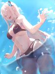  1girl ;d absurdres bangs bare_shoulders barto_(egec3255) bikini black_bikini blue_sky breasts butterfly_hair_ornament cleavage clenched_hand cloud collarbone cowboy_shot criss-cross_halter day dutch_angle echidna_(re:zero) english_commentary eyebrows_visible_through_hair from_below groin hair_between_eyes hair_ornament halterneck highres long_hair looking_at_viewer medium_breasts midriff multi-strapped_bikini navel o-ring o-ring_bikini one_eye_closed open_mouth partially_submerged partially_underwater_shot purple_eyes re:zero_kara_hajimeru_isekai_seikatsu side-tie_bikini sidelocks silver_hair skindentation sky smile solo standing swimsuit teeth thigh_strap upper_teeth very_long_hair water water_drop 