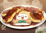  bird blurry blurry_foreground closed_eyes commentary_request cup depth_of_field facing_viewer food green_ribbon highres in_food mono_land no_humans owl pancake parted_lips plate pokemon pokemon_(creature) pokemon_(game) pokemon_legends:_arceus ribbon rowlet signature steam yunomi 