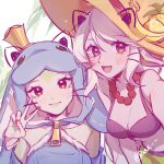  2girls :d absurdres animal_ears animal_hood banana bangs bead_necklace beads blush breasts cat_ears citron cleavage closed_mouth cowboy_shot crown fake_animal_ears fake_whiskers food fruit hand_up hat highres hood hood_up jewelry large_breasts league_of_legends manatee multiple_girls nami_(league_of_legends) necklace order_of_the_banana_soraka outstretched_arm pineapple pink_eyes pointy_ears ruan_chen_yue smile soraka_(league_of_legends) stomach sun_hat urf_the_nami-tee v 