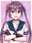  1girl akebono_(kancolle) akebono_kai_ni_(kancolle) alternate_hairstyle bell black_gloves blue_sailor_collar blue_skirt commentary_request crossed_arms flower gloves hair_bell hair_flower hair_ornament kabocha_torute kantai_collection long_hair looking_at_viewer one-hour_drawing_challenge open_mouth purple_eyes purple_hair sailor_collar school_uniform serafuku short_sleeves skirt solo twintails twintails_day upper_body very_long_hair 
