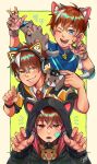  3boys absurdres animal animal_hands animal_on_shoulder backwards_hat baseball_cap black_headwear black_jacket blue_eyes blue_headwear blue_shirt boboiboy boboiboy_cyclone boboiboy_galaxy boboiboy_quake boboiboy_thunderstorm brown_cat brown_hair cat cat_ear_headphones cat_on_shoulder claw_pose fingerless_gloves gloves grey_cat grey_gloves hat headphones highres hood hood_up hooded_jacket jacket looking_at_viewer male_focus multicolored_hair multiple_boys one_eye_closed open_mouth paw_gloves pawpads red_eyes shirt short_hair smile streaked_hair teeth v white_hair yellow_eyes yellow_jacket yukiredmix 