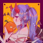  1girl alternate_costume animal bangs bare_shoulders bat black_choker blush border breasts choker commentary_request food from_side halloween highres holding holding_food holding_pumpkin holding_vegetable horns large_breasts league_of_legends long_hair looking_at_viewer orange_background pink_border profile pumpkin purple_eyes red_horns ruan_chen_yue shiny shiny_skin sideways_glance signature sona_(league_of_legends) sparkle twintails upper_body vegetable 