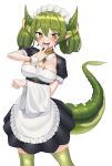  1girl :d absurdres bangs black_dress blush breasts brown_eyes cleavage commentary_request dragon_girl dragon_horns dragon_tail dress duel_monster eyebrows_visible_through_hair fangs feet_out_of_frame goback green_hair green_legwear green_nails hair_between_eyes hand_up highres horns maid maid_headdress medium_breasts nail_polish parlor_dragonmaid pleated_dress puffy_short_sleeves puffy_sleeves short_sleeves simple_background smile solo standing tail v_over_mouth white_background wrist_cuffs yu-gi-oh! 