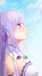  1girl bangs blue_sky blunt_bangs braid crown_braid emilia_(re:zero) eyebrows_visible_through_hair flower from_side hair_flower hair_ornament hair_ribbon highres jun_wmrx3848 long_hair looking_up open_mouth profile purple_eyes purple_flower purple_ribbon re:zero_kara_hajimeru_isekai_seikatsu ribbon silver_hair sky solo sunlight upper_body 