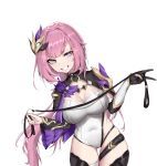  1girl :d absurdres black_footwear black_gloves blue_eyes boots breasts cleavage elysia_(honkai_impact) gloves grin hair_ornament highres holding holding_leash honkai_(series) honkai_impact_3rd hs_(user_hvww8443) leash leotard long_hair looking_at_viewer pink_hair pointy_ears ponytail simple_background single_glove smile solo teeth thigh_boots thighhighs white_background white_leotard 