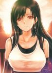  1girl bangs black_hair breasts closed_mouth collarbone earrings eyebrows_visible_through_hair final_fantasy hair_between_eyes highres jewelry large_breasts long_hair looking_at_viewer red_eyes solo sparkle tank_top tifa_lockhart upper_body very_long_hair yano_takumi 