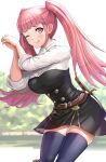  1girl ;q bangs belt black_dress blue_legwear blunt_bangs blush breasts brown_belt commentary_request cowboy_shot dress fire_emblem fire_emblem:_three_houses garreg_mach_monastery_uniform gonzarez highres hilda_valentine_goneril large_breasts long_hair long_sleeves looking_at_viewer one_eye_closed own_hands_together pink_eyes pink_hair shirt short_dress smile solo standing strapless strapless_dress sword thighhighs thighs tongue tongue_out twintails weapon white_shirt zettai_ryouiki 