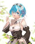  1girl artist_name blue_eyes blue_hair breasts cleavage commentary detached_sleeves english_commentary flower hair_ornament hair_over_one_eye hair_ribbon hand_up holding holding_flower hollyyn long_sleeves looking_at_viewer maid maid_headdress medium_breasts open_mouth re:zero_kara_hajimeru_isekai_seikatsu rem_(re:zero) ribbon roswaal_mansion_maid_uniform short_hair simple_background smile solo upper_body white_background wide_sleeves x_hair_ornament 