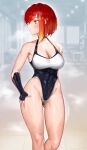  ass_visible_through_thighs bangs blush bombergirl breasts cleavage closed_mouth covered_nipples fingerless_gloves gloves highres huge_breasts leotard looking_away looking_to_the_side muscular muscular_male red_hair see-through_leotard short_hair sweat tekka_(bombergirl) tungsten_(kwfr4544) yellow_eyes 