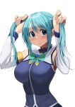  1girl :&lt; aqua_(konosuba) arms_up bangs blue_eyes blue_hair blue_shirt blush bow bowtie breasts brooch closed_mouth commentary detached_sleeves frilled_shirt_collar frills gem green_bow green_bowtie hair_between_eyes highres izawa_koushi jewelry kono_subarashii_sekai_ni_shukufuku_wo! large_breasts long_hair looking_to_the_side shirt sidelocks simple_background solo standing twintails_day upper_body white_background white_sleeves 