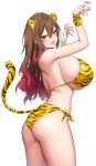  1girl absurdres animal_ears animal_print ass bikini breasts brown_hair cat_ears cat_tail claw_pose claws commentary_request covered_nipples green_eyes highres large_breasts looking_at_viewer multicolored_hair original red_hair skindentation solo suruga_(xsurugax) swimsuit tail thighs tiger_ears tiger_print tiger_tail yellow_bikini 