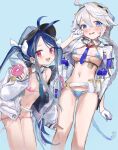  2girls bikini blue_archive blue_background blush breasts doughnut food fubuki_(blue_archive) hair_ornament hair_ribbon hat highres jacket kirino_(blue_archive) long_hair medium_breasts micro_bikini multiple_girls navel nemo_(leafnight) open_mouth police_hat red_eyes ribbon silver_hair simple_background small_breasts swimsuit symbol-only_commentary 
