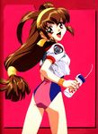  90s artist_request ass battle_athletes brown_eyes brown_hair hairband highres kanzaki_akari leotard long_hair looking_back low-tied_long_hair red_leotard ribbon solo thighhighs 