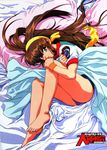  90s ass barefoot battle_athletes bed brown_eyes brown_hair feet hairband highres kanzaki_akari legs leotard long_hair lying matsumoto_fumio solo 