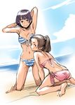  armpits arms_behind_back arms_up barefoot beach bikini blue_eyes blush brown_eyes brown_hair copyright_request day dutch_angle front-tie_top kneeling minato_fumi multiple_girls navel purple_hair short_hair side-tie_bikini sketch smile striped striped_bikini swimsuit 