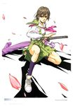  2005 absurdres bangs black_legwear brown_eyes brown_hair cross-laced_footwear fighting_stance full_body green_skirt hair_between_eyes highres holding holding_sword holding_weapon horibe_hiderou katana long_sleeves looking_at_viewer miniskirt neckerchief one_knee open_hand original page_number petals pink_neckwear pleated_skirt ready_to_draw sailor_collar_lift school_uniform serafuku serious shoes short_hair shorts shorts_under_skirt skirt sneakers socks solo sword weapon weapon_bag white_background wind 