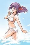  bikini breasts cleavage fate/stay_night fate_(series) hair_ribbon halterneck looking_back matou_sakura medium_breasts minato_fumi purple_hair ribbon sea_spray side-tie_bikini smile solo swimsuit 