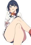  1girl black_hair black_skirt blue_eyes cardigan highres legs_crossed long_sleeves microskirt orange_scrunchie pleated_skirt scrunchie simple_background sitting skirt solo ssss.gridman sweater takarada_rikka thighs white_background white_cardigan white_sweater wrist_scrunchie zau_(okogesan) 