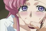  1boy 1girl blue_eyes censored cheek_bulge cheek_poke code_geass euphemia_li_britannia fellatio little_penis mosaic_censoring oral penis pink_hair simple_background small_penis wtf 