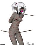  ball_gag bdsm blindfold bondage breasts crotch_rope crotch_tie_rope dark_elf dark_skin drow elf gag gray_skin lua_zdycheva luatza nude piroro rope_walking uncensored whip_marks white_hair 