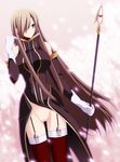  bottomless breasts brown_hair cherry_blossoms detached_sleeves garter_straps gloves green_eyes hair_over_one_eye large_breasts long_hair no_panties petals pink_background pussy red_legwear solo staff tales_of_(series) tales_of_the_abyss tear_grants thighhighs uncensored womi 
