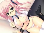  1girl blue_eyes blush breasts chains cleavage cum cum_on_body cum_on_breasts cum_on_lower_body cum_on_upper_body female glasses large_breasts long_hair nipples open_clothes open_shirt original panties pink_hair quartz see-through shirt solo takano_miki twintails underwear 