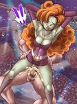  1girl altair_(artist) arms_behind arms_behind_back arms_behind_head arms_up bent_over blue_eyes boots breasts censored cleavage cum cum_in_pussy cum_inside dragon_ball dragonball dragonball_z earrings gloves jewelry long_hair miniskirt necklace orange_hair panties penis pointy_ears pussy sex skirt standing takimoto_dojo underwear upskirt vaginal zangya 