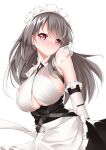  1girl absurdres apron arms_behind_back azur_lane bangs black_dress blush breasts catnnn charybdis_(azur_lane) cleavage cowboy_shot detached_sleeves dress drooling eyebrows_visible_through_hair framed_breasts from_below full-face_blush grey_eyes grey_hair grin head_tilt heart heart-shaped_pupils highres huge_breasts large_breasts leaning_forward long_hair looking_at_viewer maid maid_apron maid_headdress naughty_face see-through sideboob simple_background skindentation sleeveless sleeveless_dress smile solo swept_bangs symbol-shaped_pupils underboob 