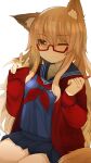  1girl ;) absurdres animal_ear_fluff animal_ears bangs blue_skirt brown_eyes brown_hair closed_mouth cowboy_shot eyebrows_visible_through_hair fate/grand_order fate_(series) fox_ears fox_tail glasses hair_between_eyes highres holding izuoku long_hair long_sleeves looking_at_viewer neckerchief one_eye_closed pleated_skirt red-framed_eyewear school_uniform semi-rimless_eyewear serafuku sidelocks simple_background sitting skirt smile solo suzuka_gozen_(fate) tail under-rim_eyewear v white_background 