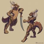  2022 anthro curvy_figure dragon dragonborn falx_(weapon) featureless_crotch female flat_chested hair hi_res horn hybrid looking_at_viewer melee_weapon muscular muscular_female nude rhomphaia solo stretching sword thelivingtrashcan thick_thighs weapon 