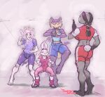  2021 angora_goat anthro beastars bottomwear bovid butt canid canine canis caprine clothing domestic_goat domestic_rabbit dwarf_rabbit els_(beastars) exercise exercise_clothing eyes_closed female front_view fur goat grey_body grey_fur group haru_(beastars) juno_(beastars) kyuu_(beastars) lagomorph leotard leporid mammal on_one_leg oryctolagus rabbit rear_view shirt shorts standing t-shirt tank_top thorso_the_vile tied_ears topwear training white_body white_fur wolf 