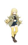  1girl blonde_hair blue_shorts boots brown_eyes brown_footwear clenched_hands frown grey_jacket hands_on_hips jacket long_hair midriff_peek mila_(smc) official_art shorts solo striped striped_legwear super_mecha_champions thighhighs transparent_background v-shaped_eyebrows very_long_hair yellow_legwear 