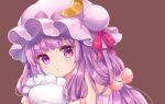  1girl :t bangs blunt_bangs blush brown_background closed_mouth crescent crescent_hat_ornament double_bun eyebrows_visible_through_hair eyelashes hair_ornament hat hat_ornament hat_ribbon holding holding_pillow lingerie long_hair looking_at_viewer mimi_(mimi_puru) mob_cap negligee object_hug patchouli_knowledge pillow pillow_hug pink_headwear pom_pom_(clothes) pom_pom_hair_ornament pout purple_eyes purple_hair red_ribbon ribbon shiny shiny_hair simple_background solo touhou underwear upper_body 