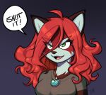  ailurid angry anthro breasts clothing english_text eyebrows fangs female green_clothing green_eyes green_shirt green_t-shirt green_topwear hair heart_pendant hi_res lapinbeau long_hair mammal medium_breasts red_hair red_panda roxie shirt solo speech_bubble t-shirt text thick_eyebrows topwear 