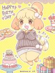  &lt;3 3_toes animal_crossing anthro birthday birthday_cake bodily_fluids bottomwear breasts cake canid canine canis clothed clothing dessert digital_media_(artwork) domestic_dog drooling english_text feet female fingers food fur gift hair holding_object isabelle_(animal_crossing) jumping mammal nintendo open_mouth pancake parfait_(dessert) saliva shih_tzu shirt simple_background skirt smile solo sweater tail_motion tailwag text toes tongue topwear toy_dog video_games yellow_body yellow_fur yokikana_yk 
