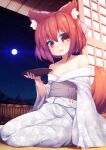 1girl animal_ear_fluff animal_ears bangs bare_shoulders blush bow eyebrows_visible_through_hair fang hair_between_eyes hair_bow hand_up holding holding_plate indoors japanese_clothes kimono long_sleeves looking_at_viewer moon night off_shoulder open_mouth plate red_eyes red_hair sekibanki short_hair sitting skin_fang sky sleeves_past_wrists solo star_(sky) starry_sky tail tail_raised torii_(kedamatori) touhou white_kimono wide_sleeves yukata 