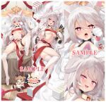  1girl animal_ear_fluff animal_ears animal_hands ass azur_lane bangs bell breasts christmas cleavage dakimakura_(medium) full_body gloves large_breasts long_hair mirrorks multiple_views navel neck_bell official_alternate_costume open_mouth paw_gloves sample_watermark silver_hair smile stuffed_animal stuffed_toy thighhighs tongue tongue_out torogao yuudachi_(azur_lane) yuudachi_(woofy_floofy_christmas_night)_(azur_lane) 