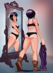  1girl :o black_hair bra breasts commission commissioner_upload fire_emblem fire_emblem:_genealogy_of_the_holy_war larcei_(fire_emblem) mr_pororu open_mouth panties reflection shirt short_hair simple_background sleeveless sleeveless_shirt sparkle surprised sweat sweatdrop tan tanlines underwear 