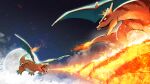  breathing_fire charizard commentary_request fangs fire flame hinata_(hinata-ur) moon night no_humans open_mouth outdoors pokemon pokemon_(anime) pokemon_(classic_anime) pokemon_(creature) pokemon_battle pokemon_m01 tongue 