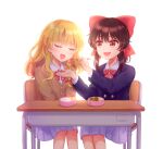  2girls :d absurdres alternate_costume bangs bento blazer blonde_hair blue_skirt blush bow braid brown_eyes brown_hair brown_sweater buttons cardigan chair chopsticks closed_eyes collared_shirt desk embarrassed eyelashes feeding feet_out_of_frame food frilled_bow frills hair_bow hair_ribbon hakurei_reimu haruki_reimari heart highres holding holding_chopsticks jacket kirisame_marisa long_hair long_sleeves looking_at_another medium_hair multiple_girls neck_ribbon no_hat no_headwear onigiri open_mouth parted_bangs pleated_skirt red_bow red_ribbon ribbon school_chair school_desk school_uniform shiny shiny_hair shirt single_braid sitting skirt smile striped striped_ribbon sweatdrop sweater tempura touhou v_arms white_shirt wing_collar 