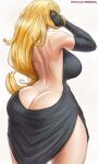  1girl ass backless_dress backless_outfit bare_back black_dress blonde_hair breasts cynthia_(pokemon) dress facing_away from_behind highres large_breasts long_hair no_panties pokemon pokemon_(game) pokemon_dppt simple_background solo standing superbusty thighs very_long_hair white_background 