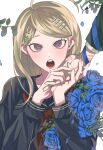  1girl 1other :o ahoge akamatsu_kaede bangs black_sailor_collar black_shirt blue_flower bong_(0u0bon) danganronpa_(series) danganronpa_v3:_killing_harmony flower hair_ornament hairclip highres holding_hands long_hair long_sleeves neckerchief official_alternate_costume red_neckerchief sailor_collar shirt solo_focus teeth upper_body white_background 