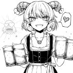  1girl alcohol alternate_costume apron beer beer_mug cup curly_hair eagle_spirit_(touhou) greyscale heart heart-shaped_pupils horn_ornament horn_ribbon horns jewelry monochrome mug necklace ribbon sheep_horns symbol-shaped_pupils touhou toutetsu_yuuma waist_apron yonoisan 