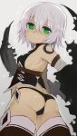  1girl ass back bandaged_arm bandages bare_shoulders black_cloak black_legwear black_panties black_vest breasts cloak cropped_vest fate/apocrypha fate_(series) green_eyes hair_between_eyes highres izuoku jack_the_ripper_(fate/apocrypha) looking_at_viewer looking_back panties scar scar_across_eye scar_on_cheek scar_on_face short_hair shoulder_tattoo small_breasts solo tattoo thighhighs thighs underwear vest white_hair 