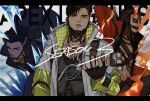  1boy apex_legends black_eyes black_gloves black_hair black_jacket black_shirt copyright_name crypto_(apex_legends) fingerless_gloves fire gloves green_vest head_tilt highres ice jacket jewelry looking_at_viewer looking_down male_focus multicolored_hair multiple_views navel necklace official_alternate_costume open_hand open_mouth red_hair rising_phoenix_crypto shirt streaked_hair the_hired_gun_crypto tsukura_sae undercut vest white_jacket 