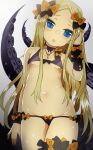  1girl abigail_williams_(fate) bangs bare_shoulders bikini black_bikini black_bow blonde_hair blue_eyes blush bow breasts fate/grand_order fate_(series) forehead hair_bow izuoku jewelry key long_hair looking_at_viewer multiple_bows necklace open_mouth orange_bow parted_bangs polka_dot polka_dot_bow small_breasts swimsuit tentacles 
