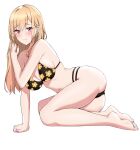  1girl absurdres ass bare_legs barefoot bikini black_bikini blonde_hair blush breasts cleavage closed_mouth commentary ear_piercing earrings embarrassed eyebrows_visible_through_hair eyelashes floral_print full_body furrowed_brow hair_between_eyes hand_in_hair highres jewelry kirin3145 kitagawa_marin long_hair looking_at_viewer lying medium_breasts nail_polish navel o-ring o-ring_bikini on_side piercing pink_nails red_eyes simple_background soles solo sono_bisque_doll_wa_koi_wo_suru stomach string_bikini swimsuit symbol-only_commentary thighs white_background 